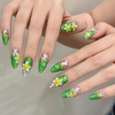 Grüne Farbverlauf Cat Eye Press On Nails Handgefertigte Blumenrelief Mandel Stiletto Künstliche Nägel Für Damen