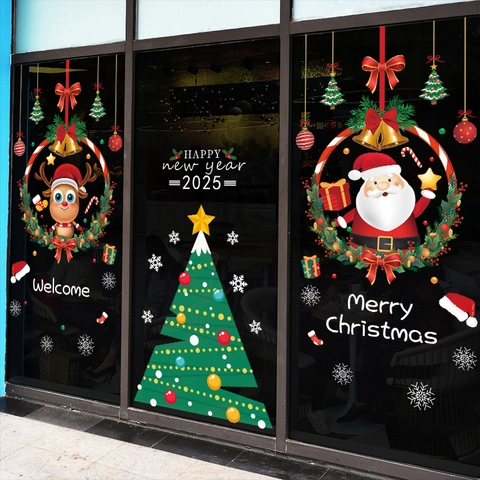 Christmas Window Stickers Static Cling PVC Reusable Double Sided Santa Claus Reindeer 2025 Tree Decor For Glass Door Shop