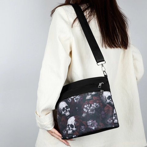 Borsa a Tracolla Donna Stampa Teschio Floreale Gotico Tessuto Oxford Impermeabile Tasche Multiple Borsa Crossbody Streetwear Punk Piccola