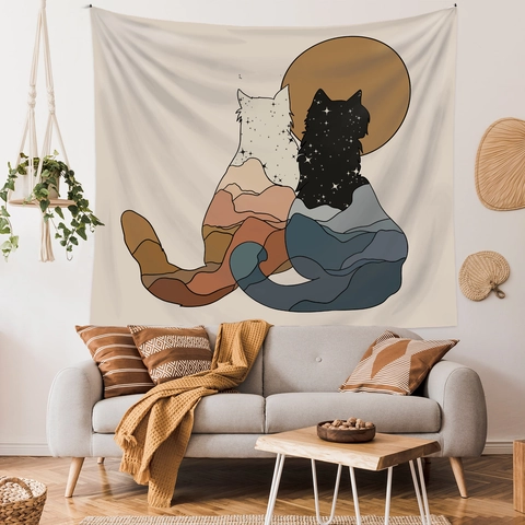 Arazzo Da Parete Poliestere Silhouette Di Gatto Paesaggio Di Montagna Stampa Colori Morandi Stile Boho Decorazione Casa