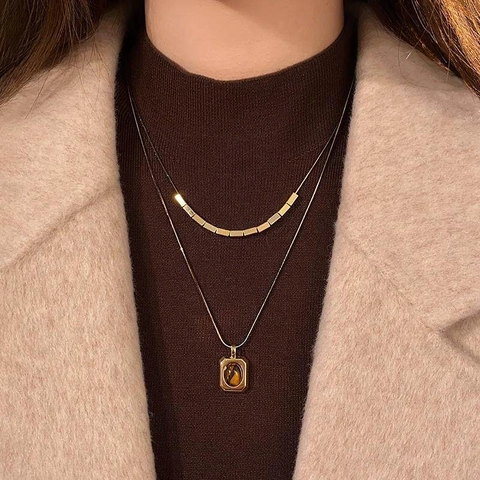 Layered Double Chain Necklace Gold Plated Copper Tiger Eye Stone Square Pendant Vintage Geometric For Women