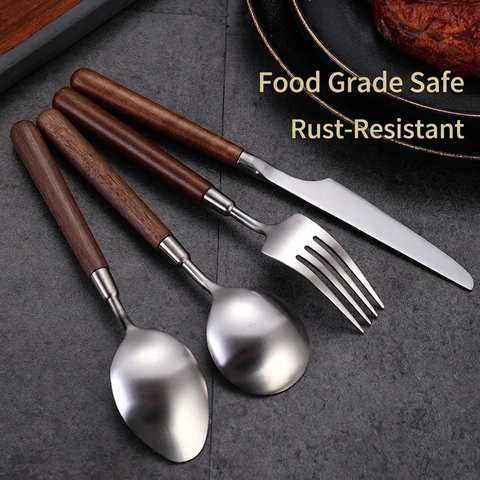 Posate In Acciaio Inossidabile 304 Con Manico In Legno Di Noce Stile Giapponese Retrò Coltello Forchetta Cucchiaio Casa