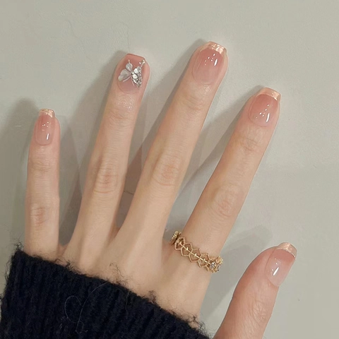 Press On Nails Pink Gradient French Gold Edge 3D Butterfly Rhinestone ABS False Nails For Women Ballet Square