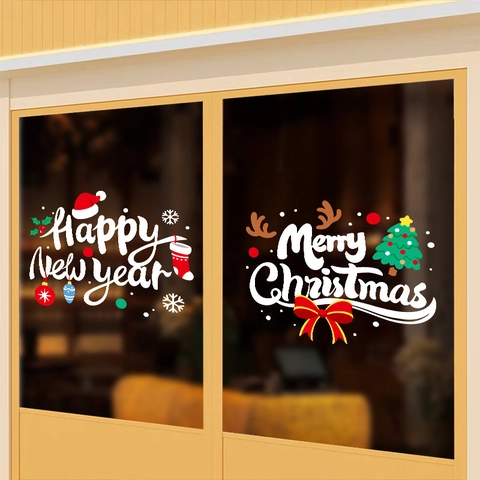 Christmas Window Stickers Happy New Year Glass Decals Static Cling PVC Double Sided Holiday Home Decoration