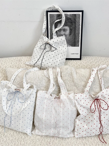 Damen Canvas Tote Bag Herzmuster Schultertasche Mit Schleife Kordelzug Magnetverschluss Koreanischer Stil Lässige Einkaufstasche