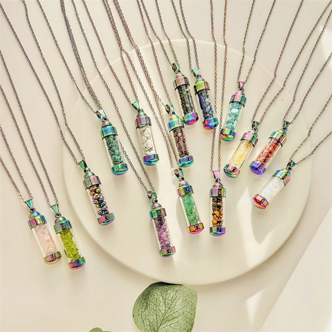 Collana Pendente Bottiglia Di Profumo Acciaio Inossidabile Vetro Arcobaleno Chip Di Pietra Naturale Bottiglia Dei Desideri