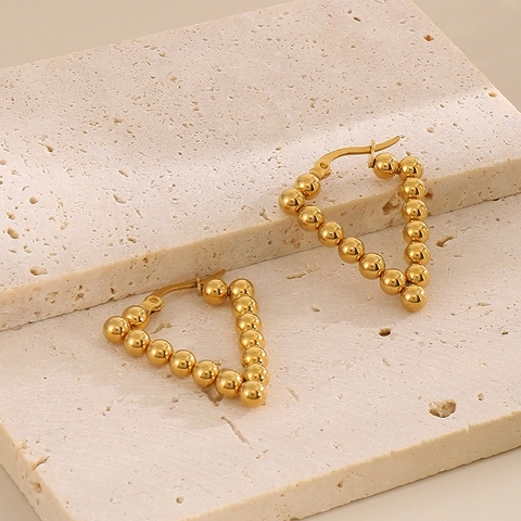 Beaded Hoop Earrings Stainless Steel Geometric C Shape Gold Plated Minimalist Retro Fashion Jewelry For Women Girls