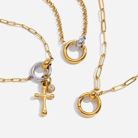 Collana In Acciaio Inossidabile Con Ciondolo A Croce Placcata Oro 18K Colore Misto Fibbia Rotonda Catena A Graffetta Donna