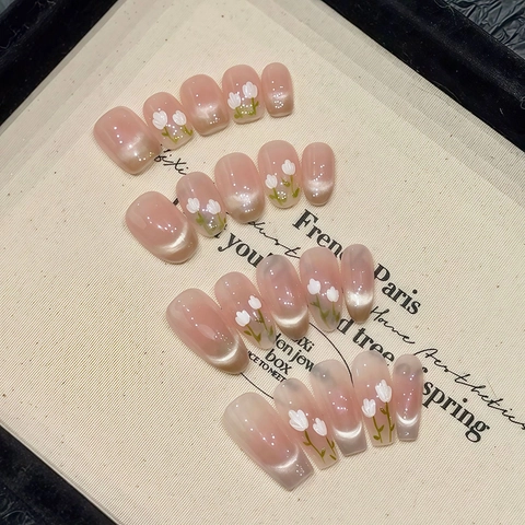 Press On Nails Hand Painted Tulip Cat Eye Glitter Nude Pink Jelly Elegant French Style Reusable False Nails Women
