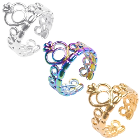 Vintage Palace Style Hollow Out Crown Adjustable Stainless Steel Ring For Women Unisex Fashion Hand Jewelry Gift