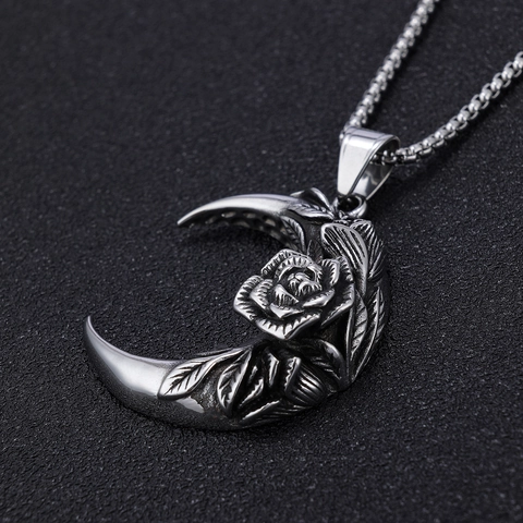 Crescent Moon Rose Pendant Necklace Stainless Steel Retro Gothic Street Punk Style Jewelry For Men And Women