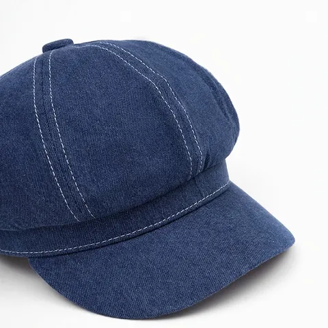 Gorra Newsboy De Mezclilla Vintage Mujer Boina Octogonal Costuras En Contraste Casual Color Sólido Streetwear