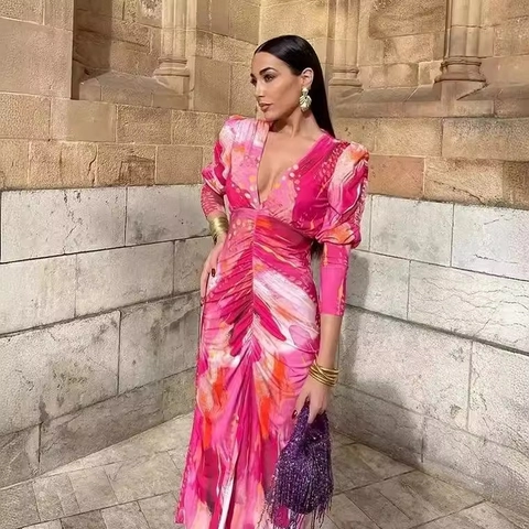 Vestito Midi A Maniche Lunghe Stampa Astratta Scollo A V Profondo Arricciato Aderente Poliestere Moda Donna