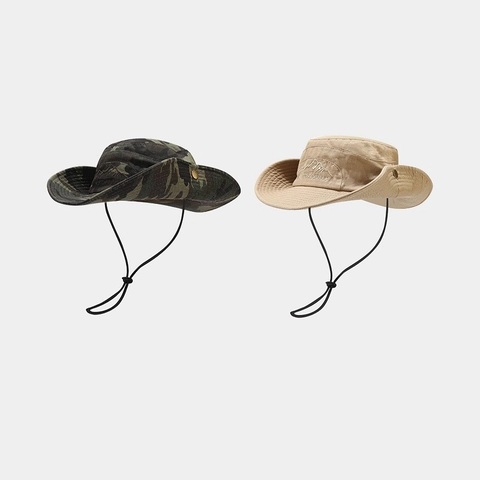 Cotton Boonie Hat Camouflage Embroidery Wide Brim Sun Protection Adjustable Chin Strap Outdoor Hiking Fishing Bucket Hat