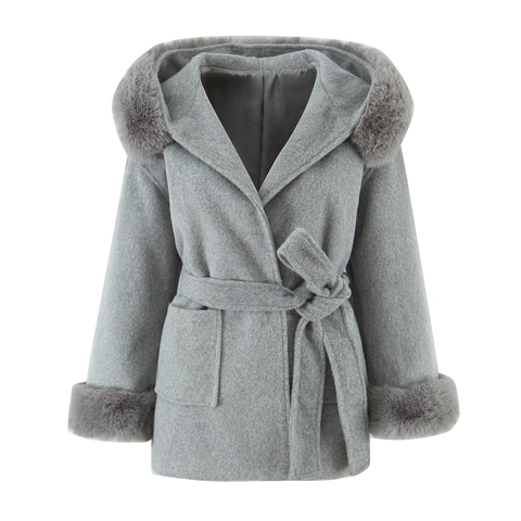 Women Hooded Faux Woolen Coat With Faux Fur Trim Belted Waist Solid Color Mid Length Long Sleeve Warm Winter Outerwear