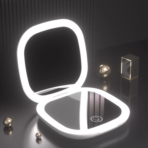 Miroir De Maquillage LED Pliable Rechargeable Type-C Intensité Réglable Modes Éclairage Compact Portable Voyage Miroir De Beauté