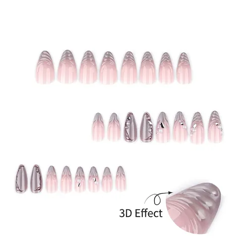 Französische Katzenauge Künstliche Nägel 3D Muschelstruktur Faux Künstliche Perle Strass Mandelform Farbverlauf Elegant Für Damen