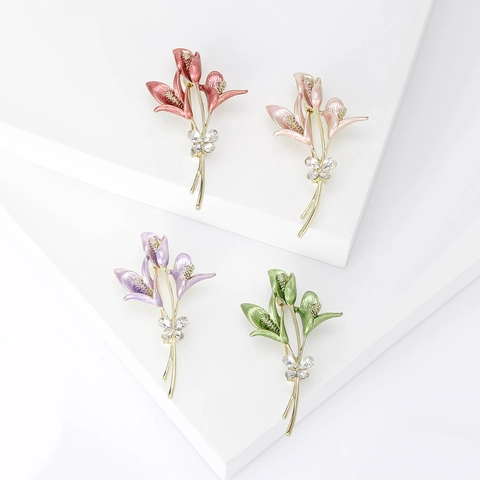 Elegant Enamel Tulip Brooch For Women Gold Plated Alloy Rhinestone Flower Pin For Suits Wedding Banquet Fashion Jewelry Accessory