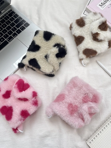 Fluffy Plush Heart Pattern Cow Print Coin Purse Mini Card Holder Earphone Storage Pouch Bag Zippered For Girls