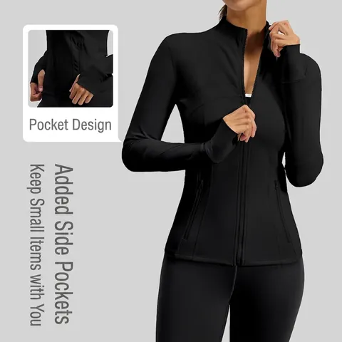Women Sports Yoga Jacket Slim Fit Full Zip Stand Collar Thumbholes Breathable Stretchy Running Fitness Polyester Spandex