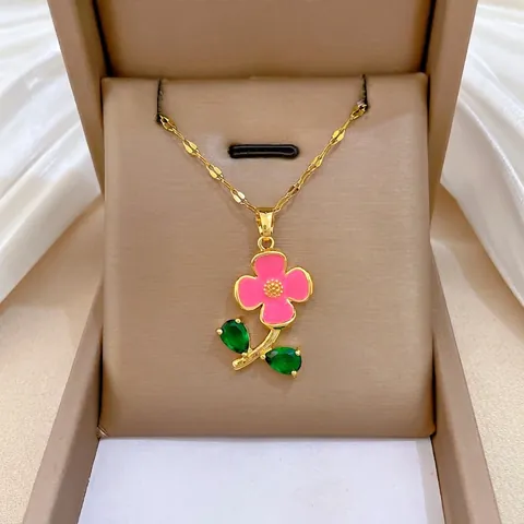 Collana Con Pendente A Fiore Catena In Acciaio Inossidabile Rame Smalto Rosa Zircone Verde Gioielli Eleganti Da Donna