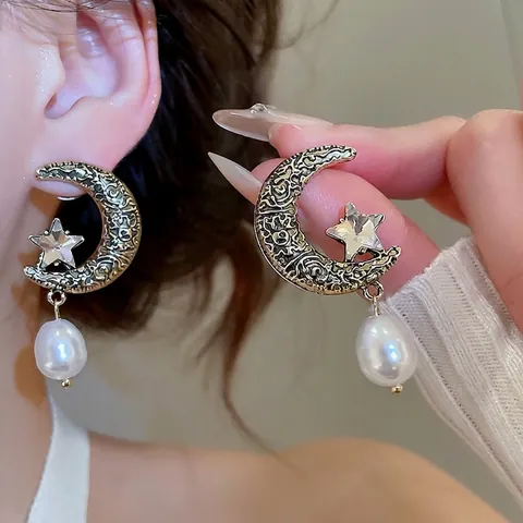 Vintage Gold Mond Stern Künstliche Perlenohrringe Mit 925 Sterling Silber Ohrring Stecker Legierung Strass Himmlischer Schmuck Damen