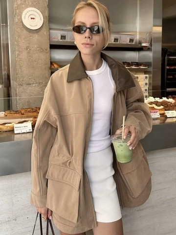 Trench Utility da Donna con Colletto in Pelle a Contrasto Coulisse in Vita Giacca Workwear Casual Fashion Windbreaker