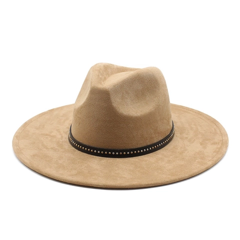 Cappello Fedora Camoscio Tesa Larga Vintage Jazz Cappello Con Cintura A Borchie Per Donne Elegante Inverno Autunno