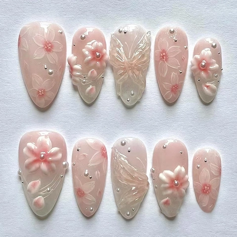 Faux Ongles Relief Fleur Dégradé Rose Blanc Forme Amande Ongles Artificiels Avec Fausses Künstliche Perles Doux Élégant Femmes