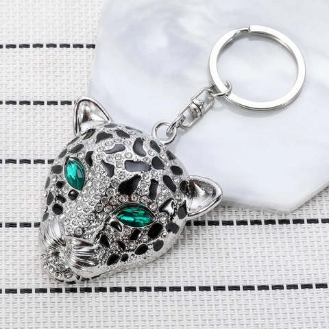 Portachiavi Testa Di Leopardo Lega Di Zinco Strass Occhi Verdi Smalto Nero Pendente Hip Hop Retro