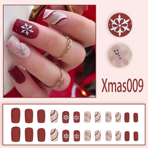 Faux Ongles De Noël Motif Flocon De Neige Bonhomme De Pain D'épice Rouge Blanc Mat Brillant Mode Festive Pour Femmes