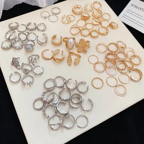 Anillos De Metal Irregulares Geométricos Florales Estrella De Mar Concha Imitación Perla Artificial Circón Ajustable Para Mujer