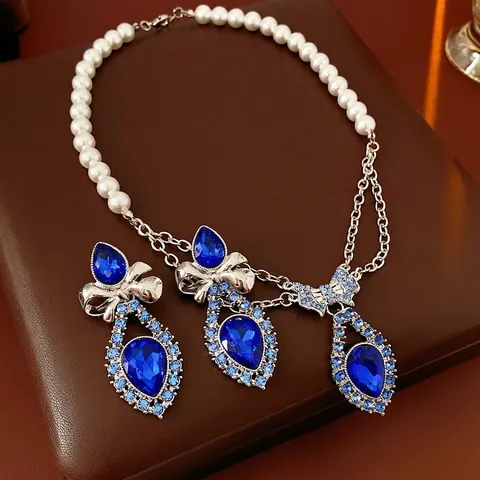 Vintage Ketting En Oorbellen Blauwe Waterdruppel Edelstenen Strik Imitatieparels Legering Strass Zilveren Oorbelsteker