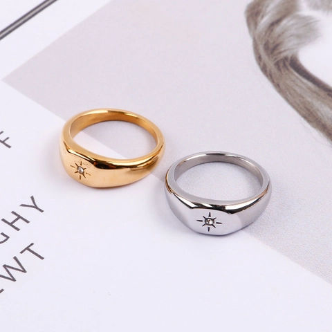 Eight Pointed Star Signet Ring Stainless Steel Polished North Star Zircon Inlaid Minimalist Jewelry For Women Men