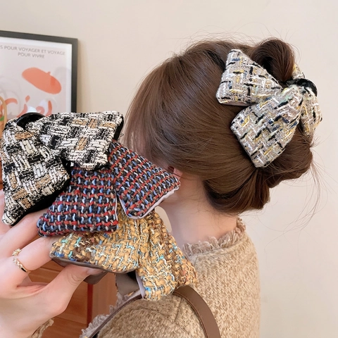 Elegante Pinza Per Capelli Con Fiocco In Tweed Clip Squalo Tessuto Scozzese Acrilico Grande Per Donna
