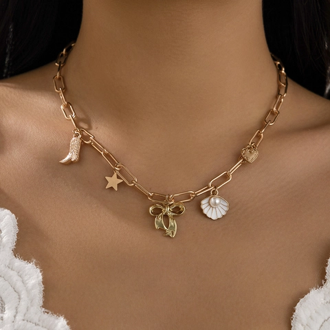 Elegante Collana con Ciondolo a Conchiglia in Lega di Zinco Perla Artificiale Moda Stivale da Cowboy Cuore Stella Oro Gioielli Donna