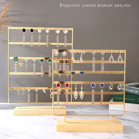 Earring Display Stand Metal Iron Multi Tier Multi Hole Organizer Jewelry Holder With Wood Base Modern Simple Storage