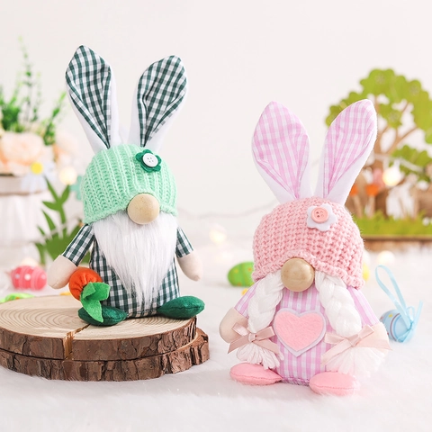 Easter Rabbit Bunny Gnomes Faceless Plush Doll With Bunny Ears Plaid Knitted Fabric Home Party Table Decoration Gift