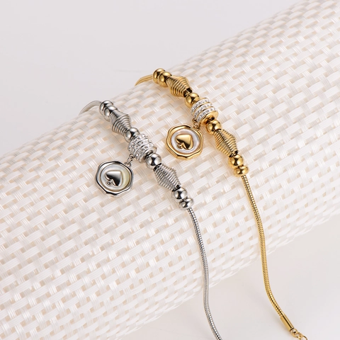 Pulsera Colgante Corazón Picas Acero Inoxidable Incrustación Concha Rhinestone Cadena Serpiente Joyería Moda Mujer