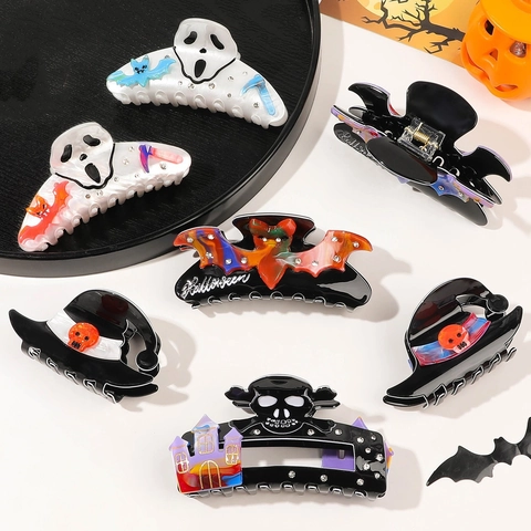 Mollette per Capelli in Acrilico Halloween Strass Spaventosi Pipistrello Teschio Cappello da Strega Fantasma per Donne Festa