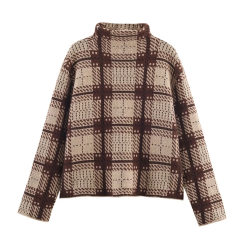 Maglione In Maglia A Quadri Da Donna Retro Lupetto Manica Lunga Autunno Inverno Top