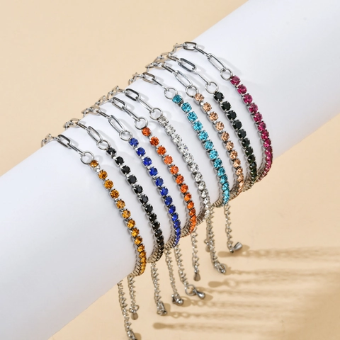 Stainless Steel Spliced Tennis Bracelet Colorful Rhinestone Paperclip Chain Adjustable Hand Jewelry For Women