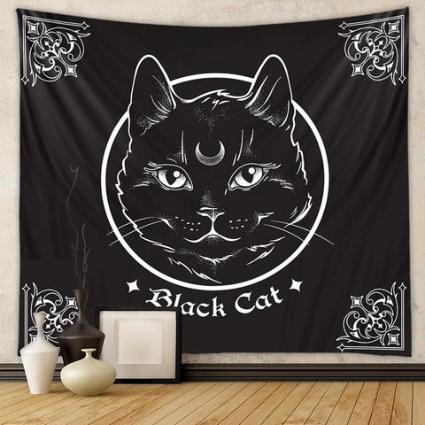 Mystical Cat Tapestry Wall Hanging Polyester Gothic Moon Stars Illustration Aesthetic Room Decor For Living Room Bedroom