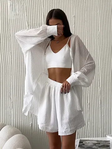 Damen Co-ords Vertikale Textur Transparente Langarmbluse Lässige Sommer Lockere Bluse Und Shorts