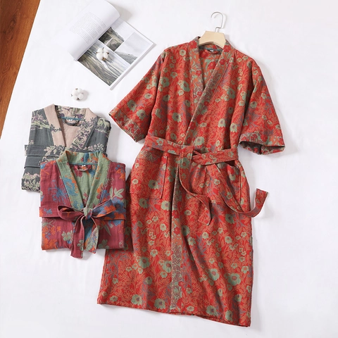 Japanese Kimono Robe Cotton Double Gauze Bathrobe Retro Floral Print Sleepwear For Women Men Soft Breathable Nightgown With Waist Tie
