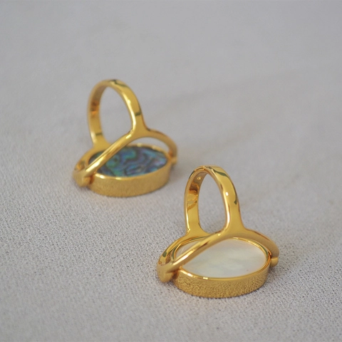 Double Sided Rotatable Natural Mother Of Pearl Abalone Shell Brass Gold Plated Niche Design Fashion Jewelry Ring For Women Men