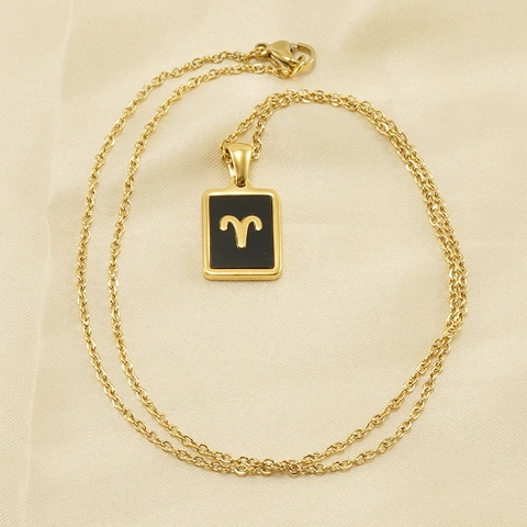 Collier Pendentif Constellation Du Zodiaque Acier Inoxydable Plaqué Or 18K Émail Noir Bijoux Pour Femmes