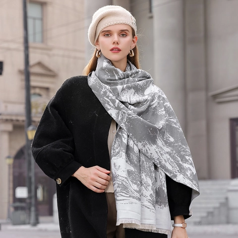 Écharpe d'Hiver pour Femmes Imitation Cachemire Châle Enveloppant Motif Abstrait Avec Glands Doux et Chaud pour le Froid