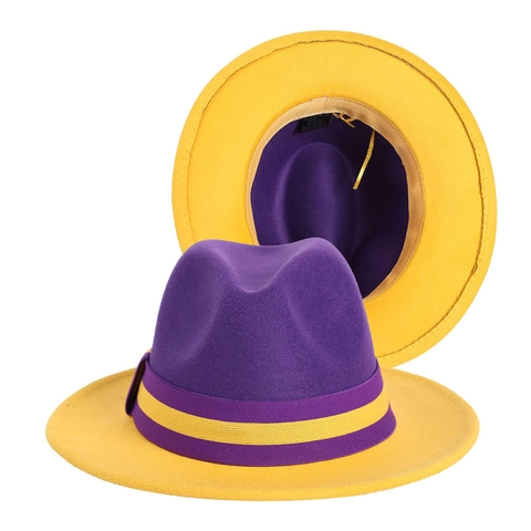 Tweekleurige Paars Gele Fedora Hoed Brede Rand Wolvilt Jazz Hoed Voor Feest Outdoor Reizen Britse Stijl Vintage