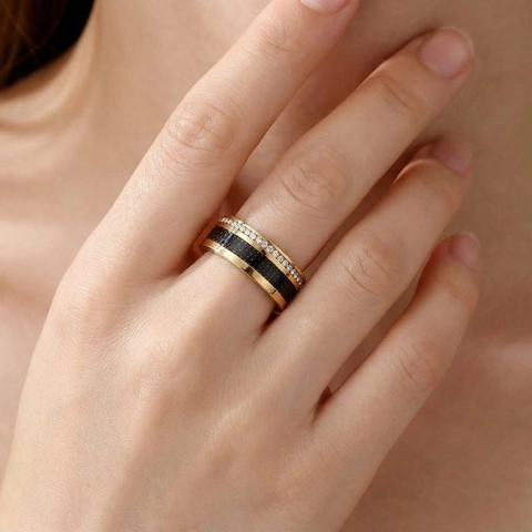 Anillo Acero Inoxidable Fibra Carbono Filas Circonita Diamantes Imitación Banda Ancha Estilo Industrial Joyería